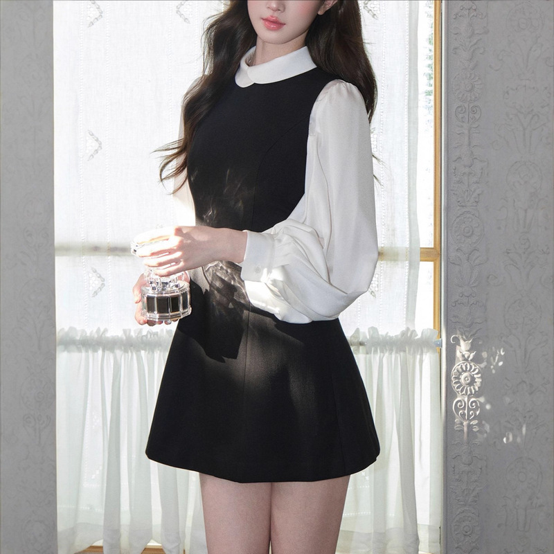 [Factory Direct Supply] Overlapping Collar French Shirt/Tencel Acetate Doll Collar Long-Sleeved Shirt Lantern Sleeve Top