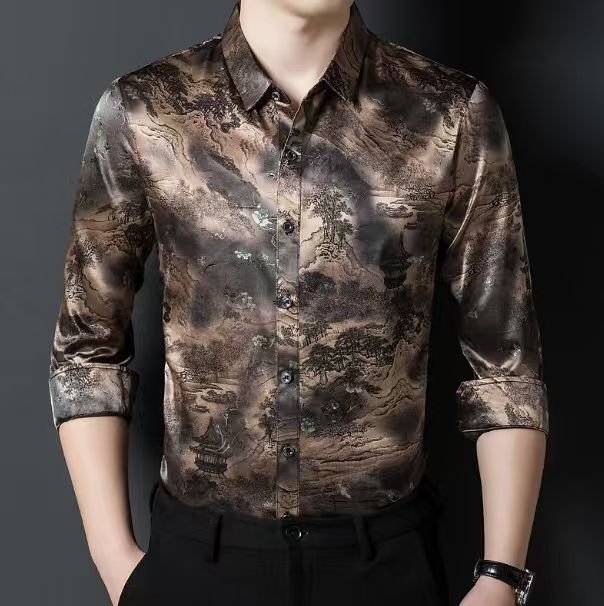High-End Men's Silk Shirt Spring & Fall New Mulberry Silk Long-Sleeved Shirt Fashionable Casual Silks and Satins Silk Men's Top High-End Men's Silk Shirt Spring & Fall New Mulberry Silk Long-Sleeved Shirt Fashionable Casual Silks and Satins Silk Men's Top