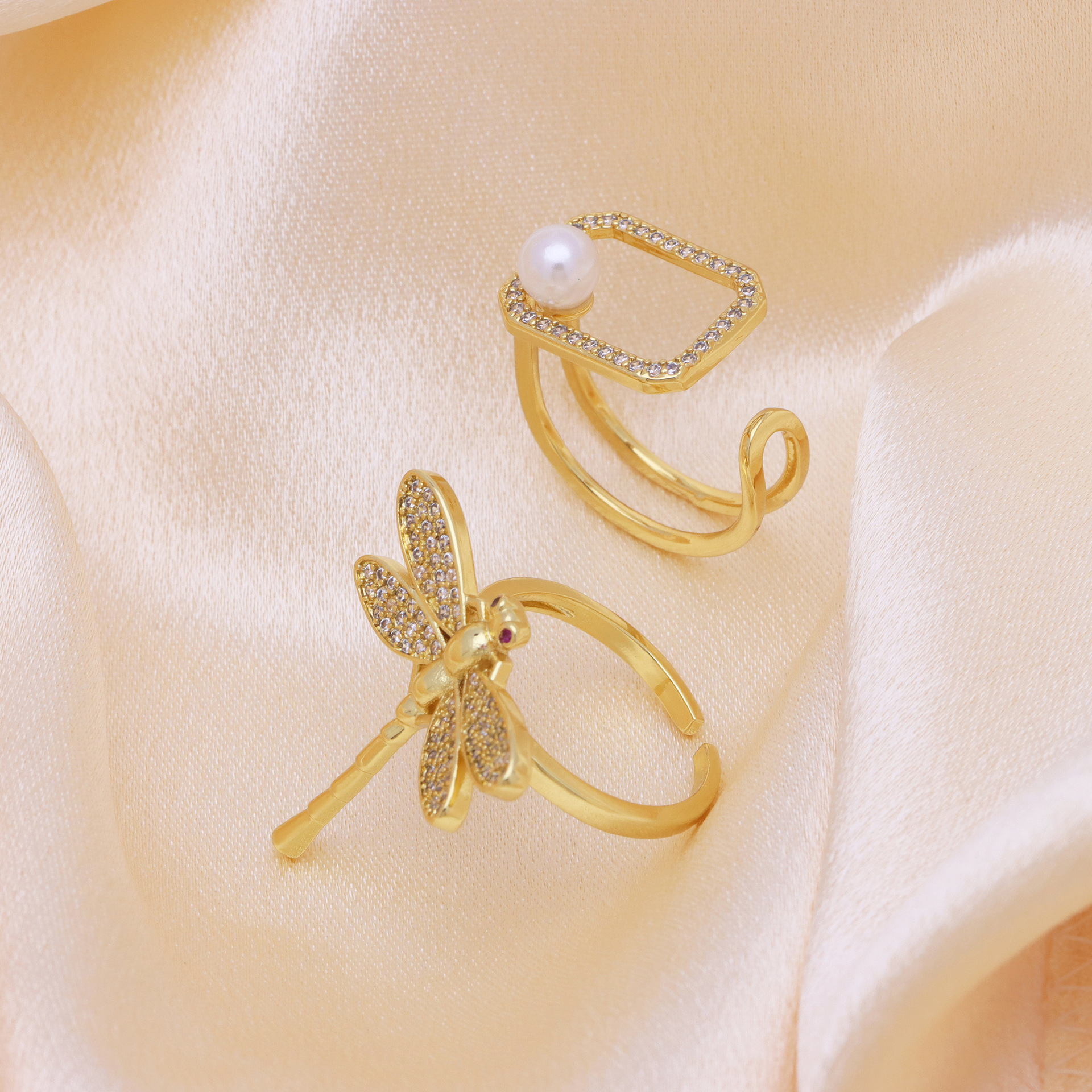 7g Weight 18K Gold Plated Plating Material Pearl, Zircon Inlay Material Open Rings Classification Adjustable Ring Size 1 Piece Quantity Holiday, Daily Occasion Copper Material Geometric, Dragonfly Pattern Women's Gender Inlay Design Simple Style, IG Style Style Copper 18K Gold Plated Inlay Geometric Dragonfly Pearl Zircon Open Rings 1