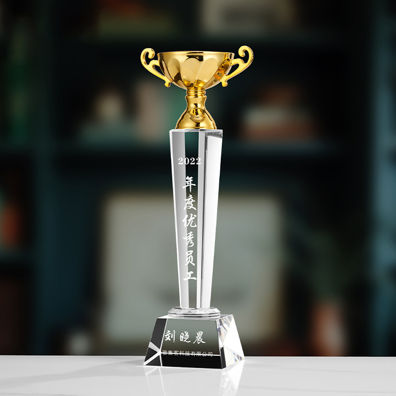 Trofeo de cristal de grabación reunión anual de competición de premios medallas de metal de madera sólida colorido trofeo de cristal impreso