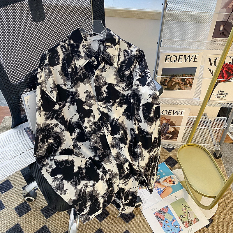 Summer Men's Shirt Long-sleeved Thin Draped Sunscreen Top Non-ironing High-end Ink Painting Printed Shirt