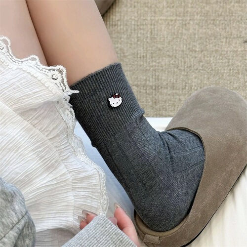 Autumn and winter double-needle cartoon KT cat cute pendant socks women's middle tube socks ins trendy all-matching outerwear solid color pile socks