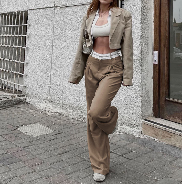 Spandex, Polyester Fabric Type High Waist Waist Line Women's Daily Casual Solid Color Full Length Patchwork Belt Dress Pants