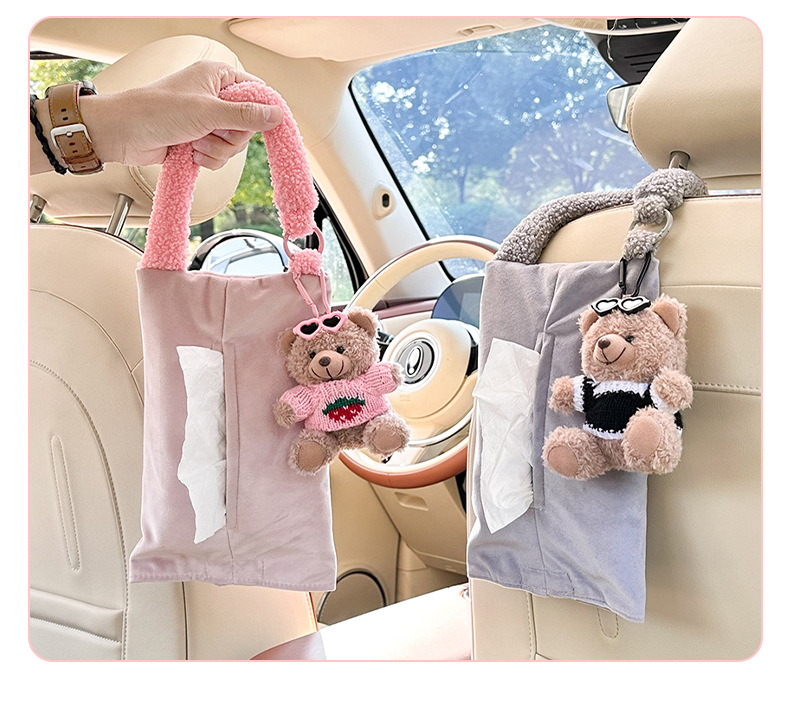 Cute Car Tissue Box Cartoon Bear Car Hanging Multifunctional Tissue Box Creative Doll Car Tissue Bag