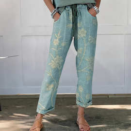 亚马逊女式休闲裤独立站新款春夏季显瘦棉麻碎花印花宽松长裤子