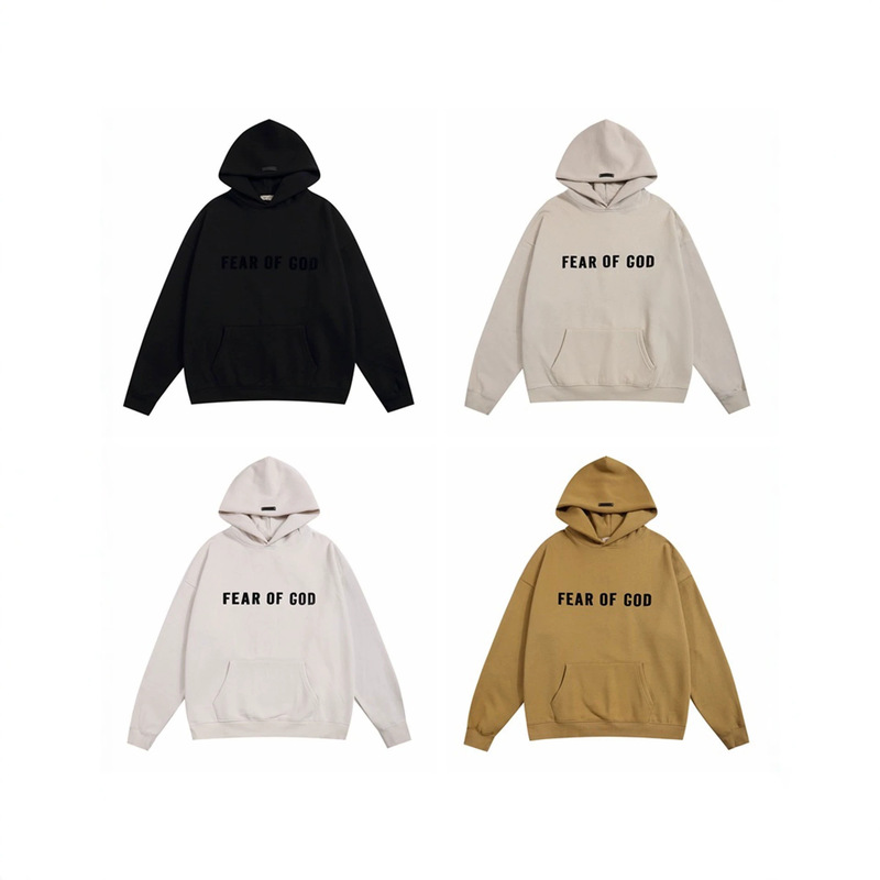 FOG trendy brand ESSENTIALS American timeless series flocked print hooded sweatshirt with fleece lining for men and women FOG trendy brand ESSENTIALS American timeless series flocked print hooded sweatshirt with fleece lining for men and women