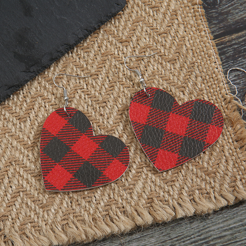 Simple New Heart Red Black Grid Pu Earrings Wholesale Nihaojewelry display picture 2