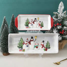 北欧乡村圣诞雪人陶瓷盘鱼盘家用餐具长盘浮雕菜盘西式陶瓷平盘