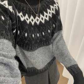 2026春季羊毛费尔岛提花毛衣女圆领复古针织衫长袖打底衫上衣