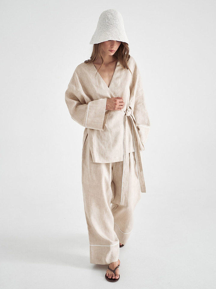 Bộ đầm hai món nữ áo cardigan cổ chữ V dài tay phối quần ống rộng — Màu be, Xanh lá cây, màu đen chi tiết 10