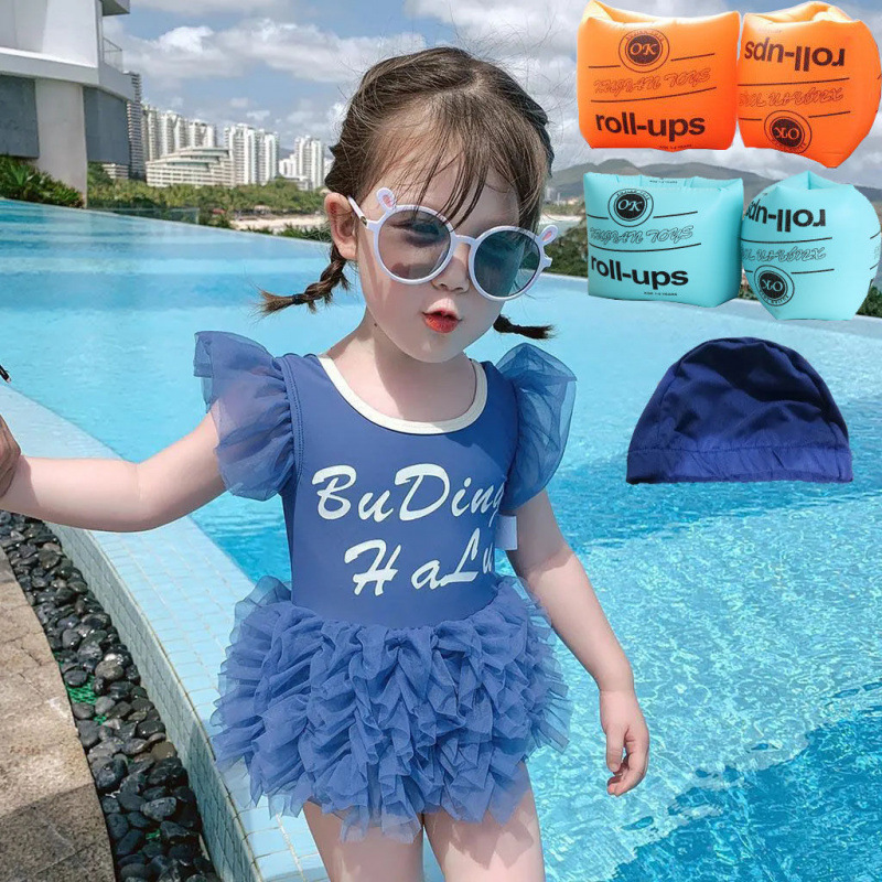 Niña trajes de baño azules con gorra de baño + brazaletes