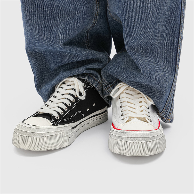 Men's New Trendy Niche Japanese Retro Versatile Summer Large-Toe Distressed Vulcanized Shoes Low-Top Height-Increasing Canvas Shoes