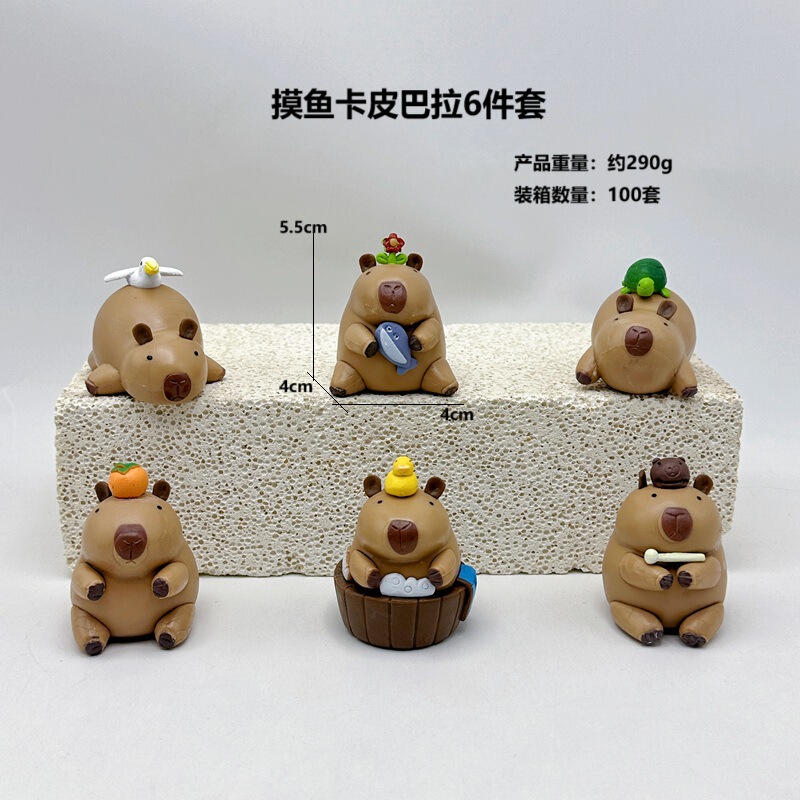 6 Types of Capybara Figurines, Bathtub Wooden Fish, Cute Capybara Trendy Toys, Gashapon Cake Model Ornaments