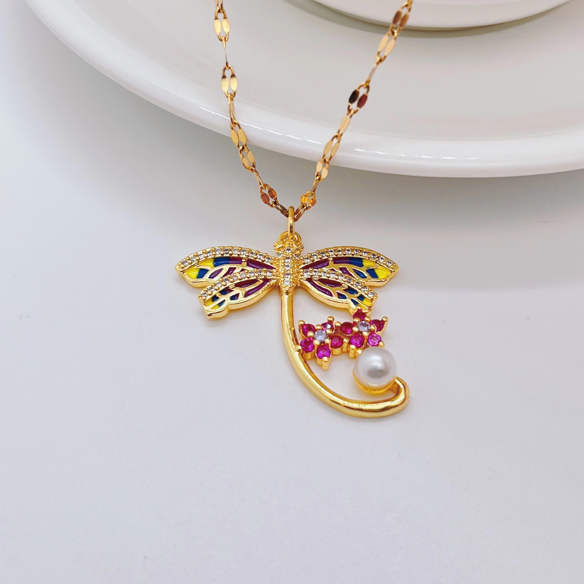 Fashion Dragonfly Elephant Titanium Steel Necklace Inlay Rhinestone Stainless Steel Necklaces