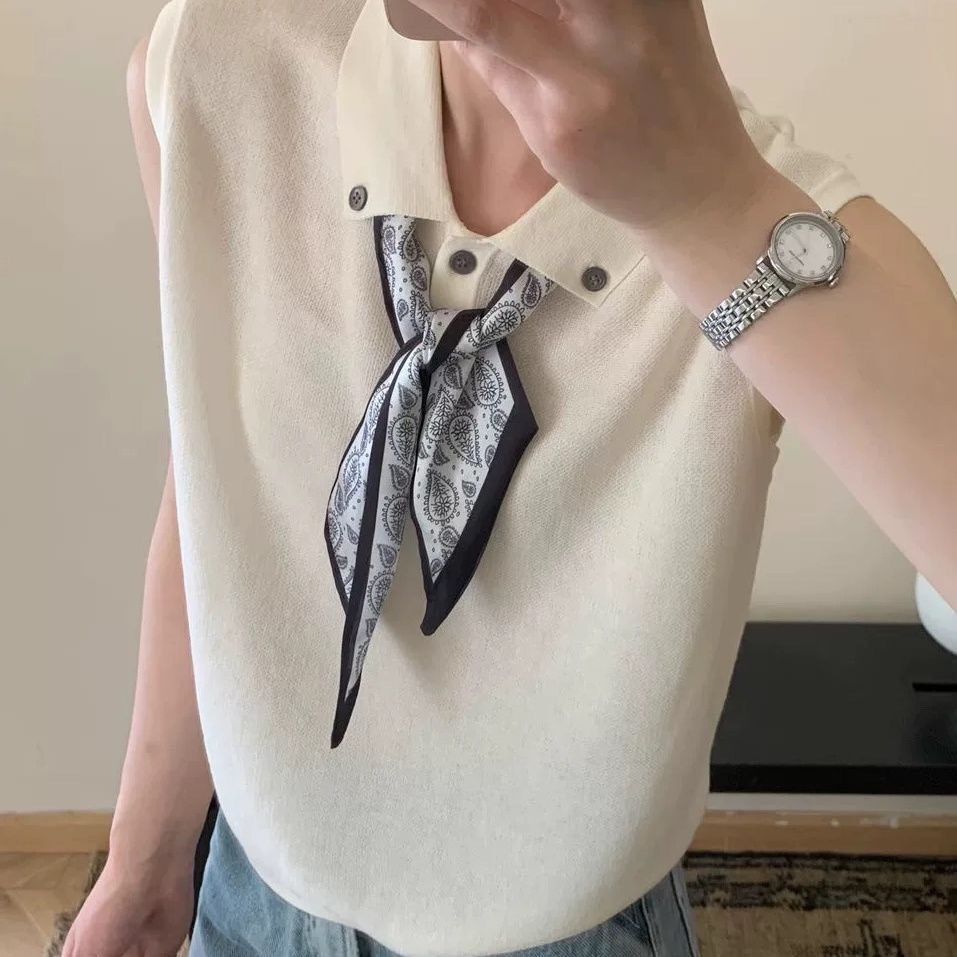 欧洲站2025夏季新款欧货精品女翻领针织衫配丝巾时尚无袖背心上衣