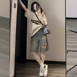 复古美式直筒中裤破洞牛仔裤女大码胖mm宽松显瘦高街五分短裤子夏
