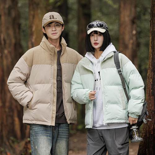 New winter velvet cotton coats for men and women, thickened warm cotton coats, couple style bread coats, trendy color matching cotton coats