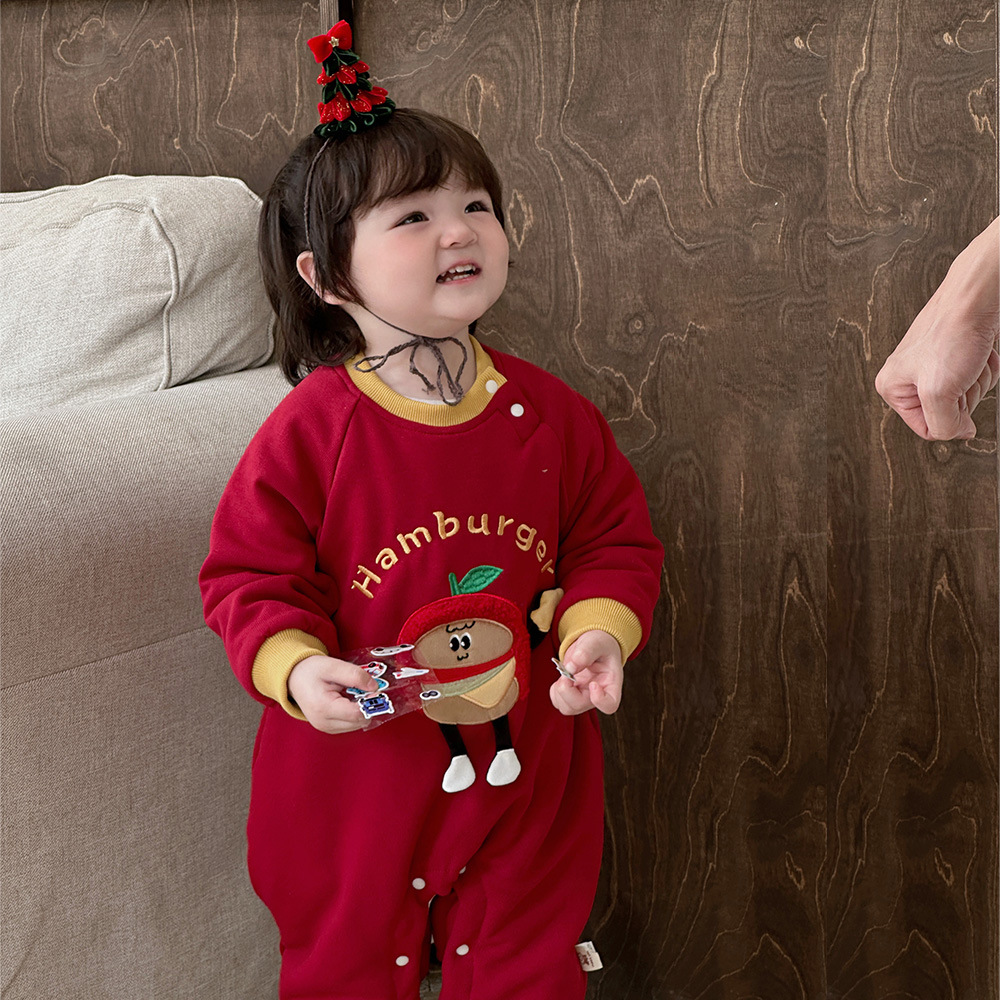 2024 nuevo invierno bebé estilo occidental dibujos animados Burger King engrosado cálido y cómodo traje de escalada de algodón de una pieza suave