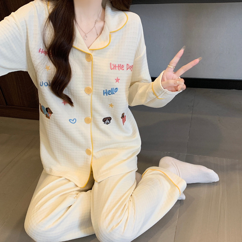 Cute Japanese-Style Puppy Ins Waffle Grid Autumn Warm Air Cotton Women's Pajamas Home Wear Set Wholesale