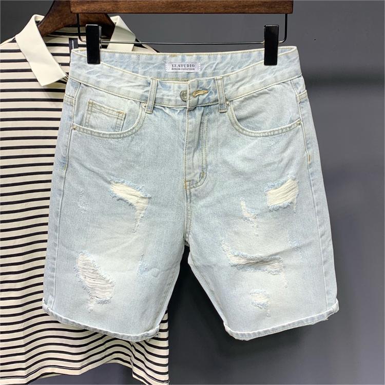Ripped Five-Point Jeans Men's High Street Fashion Brand Light-Colored Retro Beggar Summer Thin Handsome Vibe Style Shorts