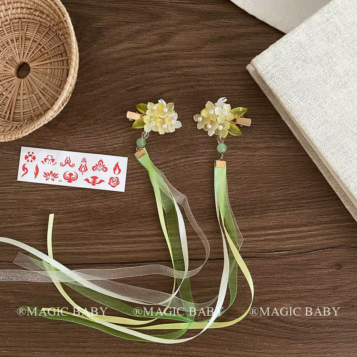 Детский ханфу, жёлтый аксессуар для волос из жемчуга, зажим с кисточками, украшение с рисунком цветов