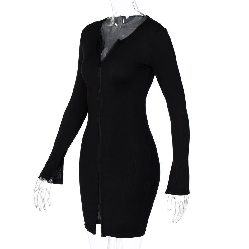 sexy long-sleeved V-neck cardigan zipper dress  NSHZ35737