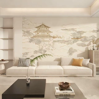 新中式线描亭台阁楼壁布沙发客厅电视背景墙壁纸酒店餐厅装饰墙布