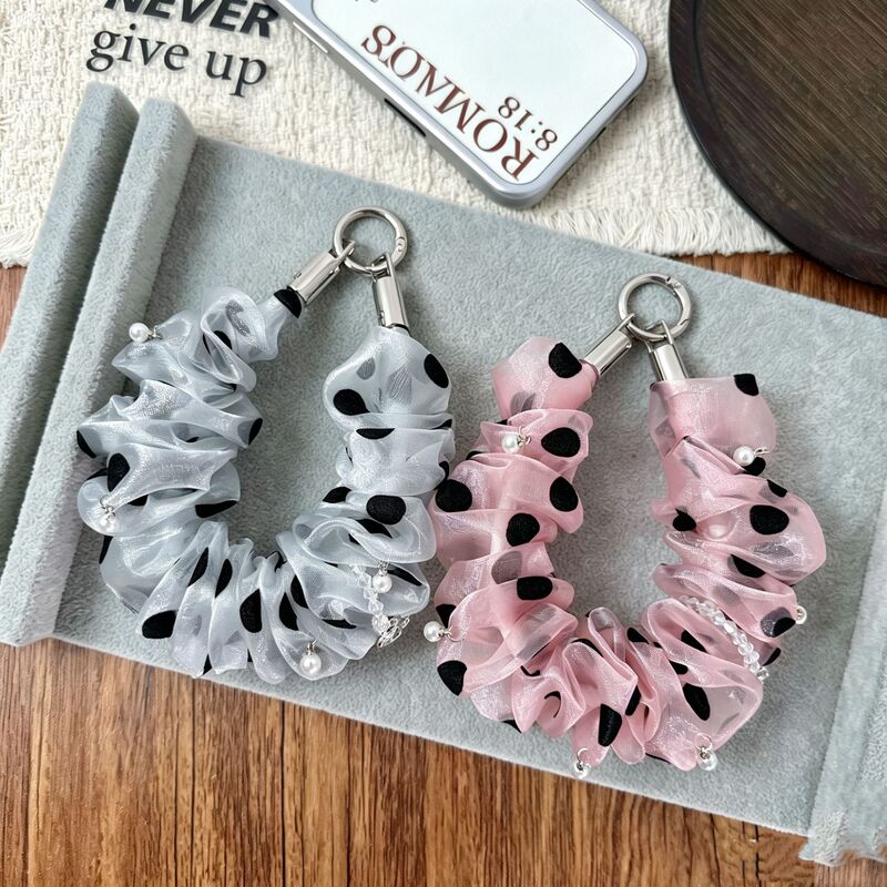 Korean influencer's fashion double-layer sheer polka dot scrunchie phone chain for women, high-end phone strap