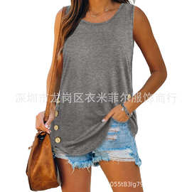 亚马逊2022夏季欧美跨境ebay独立站时尚无袖上衣纽扣圆领背心女装
