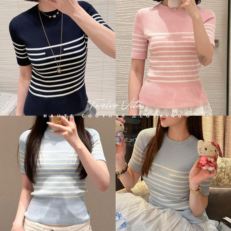 D Brand 26 Spring/Summer Design Classic Blue and White Striped Slim-Fit Round-Neck Short-Sleeve Soft Knit Top for Women D Brand 26 Spring/Summer Design Classic Blue and White Striped Slim-Fit Round-Neck Short-Sleeve Soft Knit Top for Women