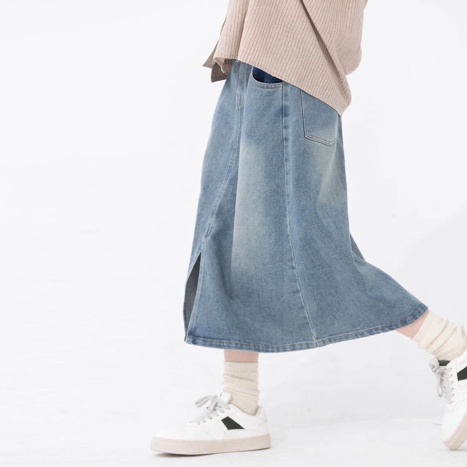 2025 falda infantil coreana falda media larga niños retro nuevo jeans primavera y otoño falda de busto para niños grandes