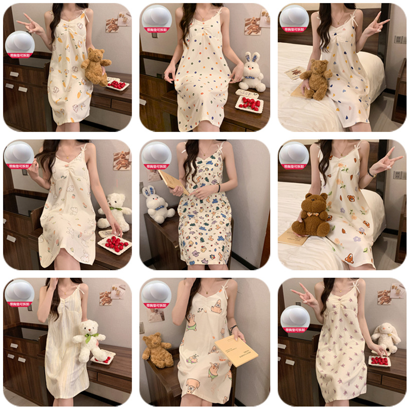 2024 verano con cojín de pecho espuma vestido de dormir mujer dulce vestido de suspensión estudiantes lindos dibujos animados ropa de casa de mujer al por mayor