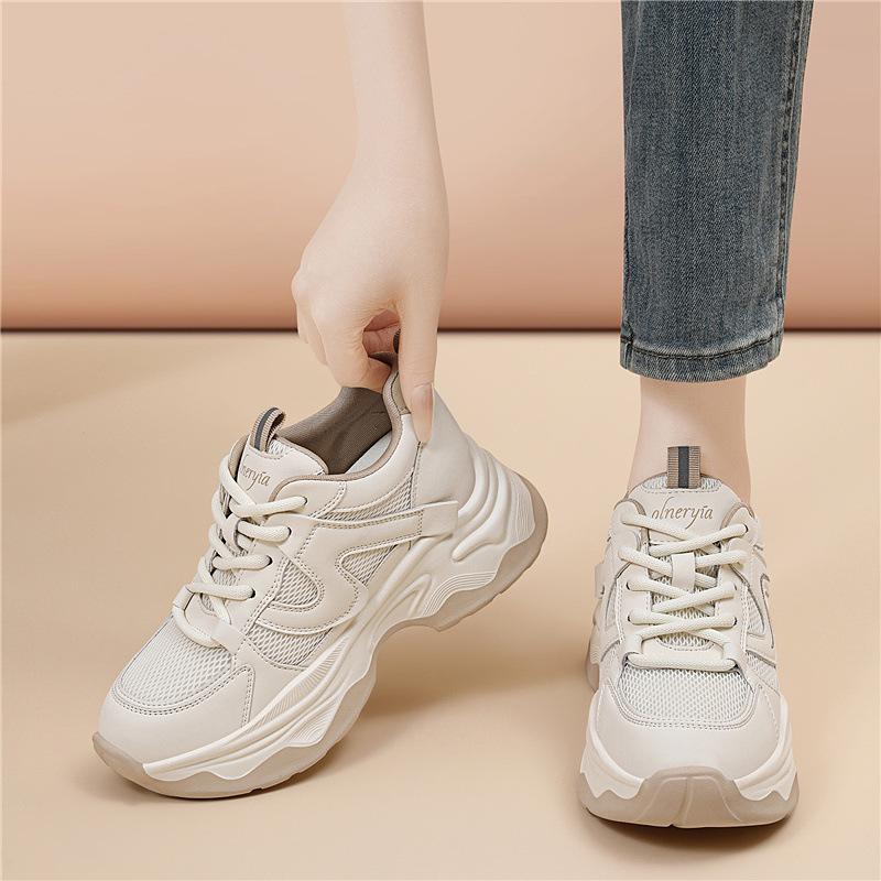 Versatile New Dad Sneakers, Fashionable Spring Mesh Breathable White Shoes, 5cm Thick Sole Height-increasing Casual Sports Women's Shoes_vogvips.com