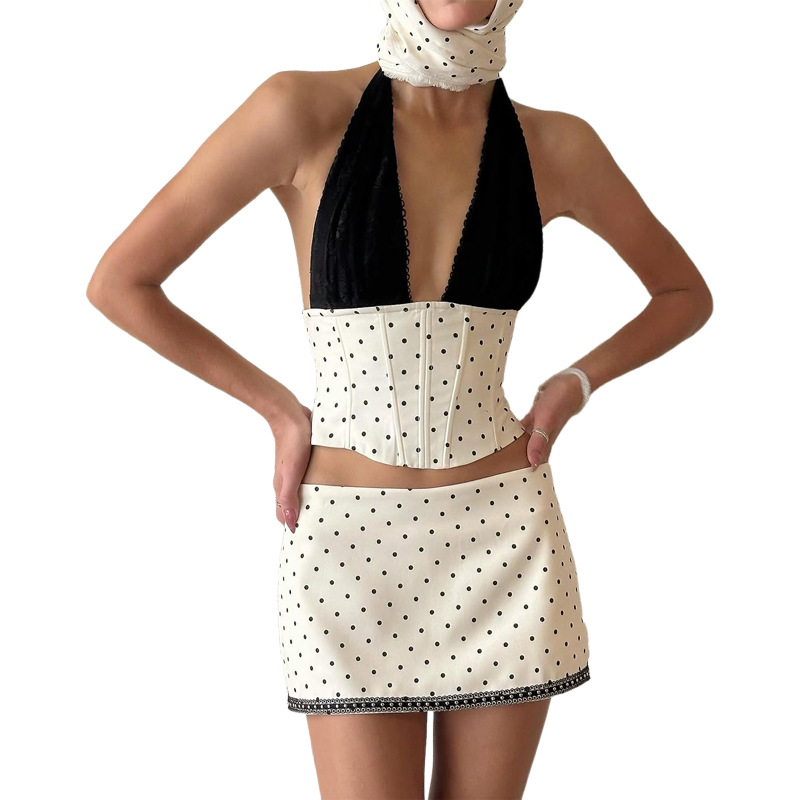 Summer Fashion Trend White Patchwork Deep V Polka Dot Top Irregular High Waist Skirt Hot Girl Outfit Women's Clothing_ecoleips.com