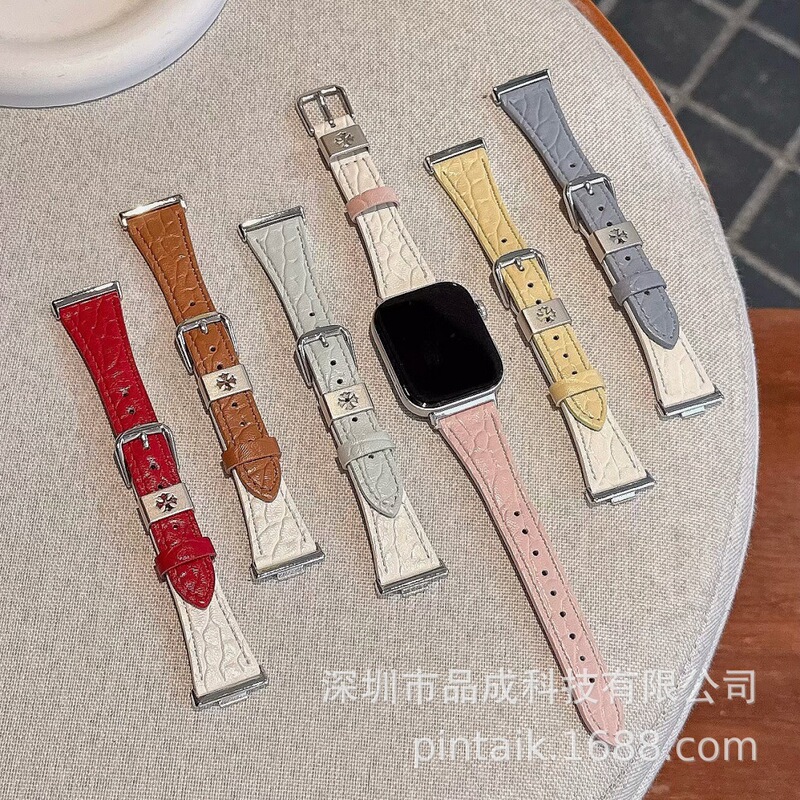 Suitable for Apple Watch 9, 10, S11 Generation Hollow-Out Chrome Hearts Lychee Pattern Leather Strap, Huawei Fit4, Xiaomi Wristband