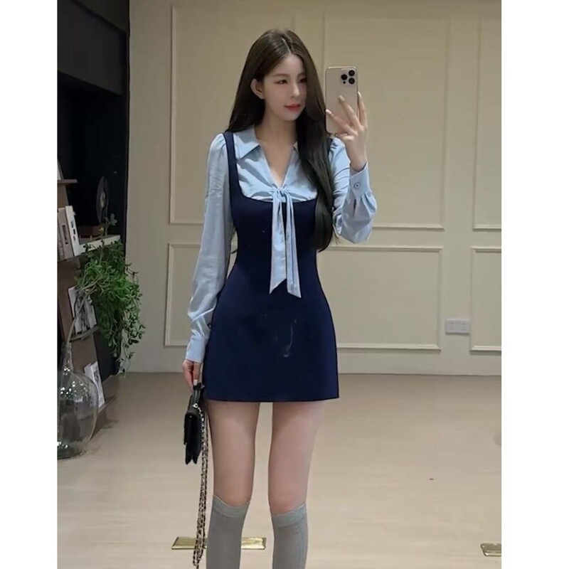 Plus-size long-sleeve dress for women, autumn college style, waist-cinching, slimming, age-reducing shirt dress, short skirt Plus-size long-sleeve dress for women, autumn college style, waist-cinching, slimming, age-reducing shirt dress, short skirt