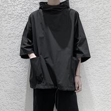 夏季带帽短袖t恤男宽松七分袖卫衣潮流风衣型套头衫中袖衣服夏装