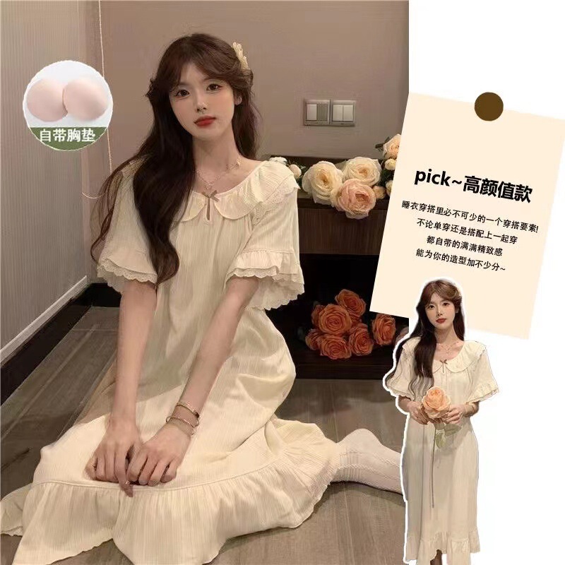 Pajamas women's Korean-style nightdress short sleeve with chest pad South Korea pajamas ins style gentle sweet lace home wear wholesale Pajamas women's Korean-style nightdress short sleeve with chest pad South Korea pajamas ins style gentle sweet lace home wear wholesale