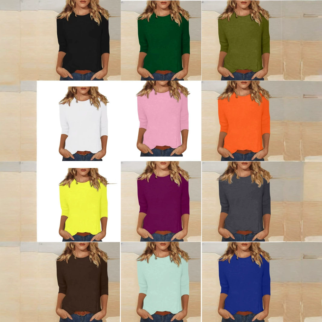 2025 Cross-Border Amazon New Women's Round Neck T-Shirt 7-Quarter Sleeve Solid Color Top