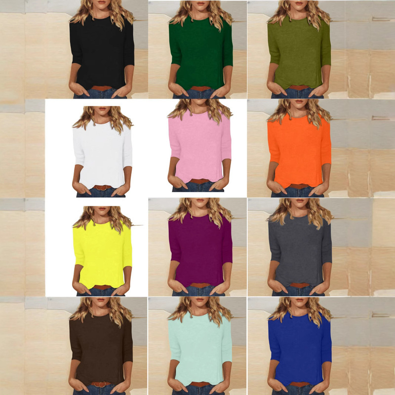 2025 Cross-Border Amazon New Women's Round Neck T-Shirt 7-Quarter Sleeve Solid Color Top