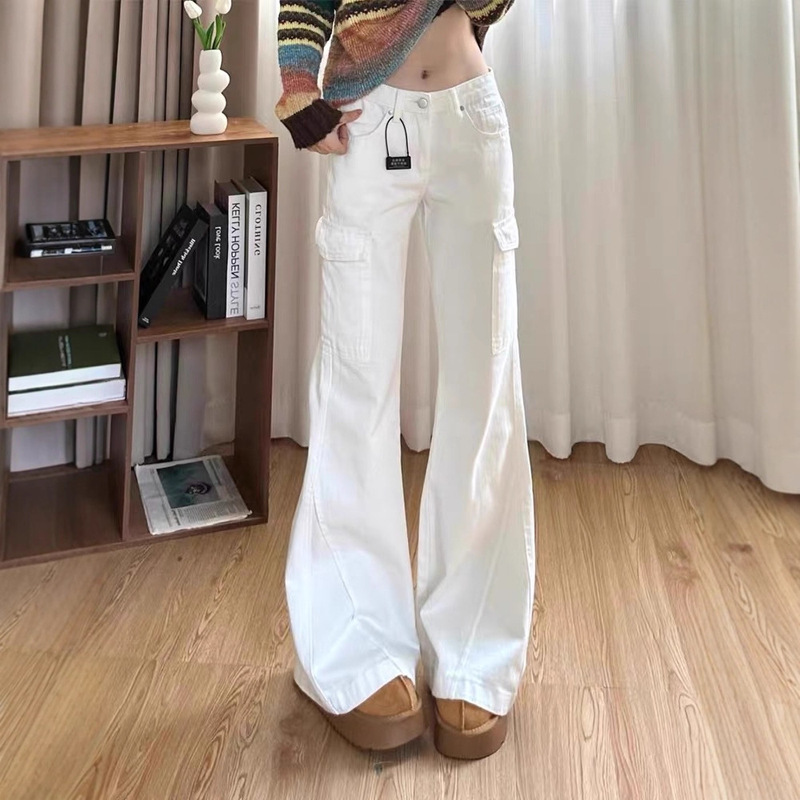 American Retro White Flared Cargo Jeans for Women 2025 Autumn New Multi-Pocket Bell-Bottom Floor-Length Pants