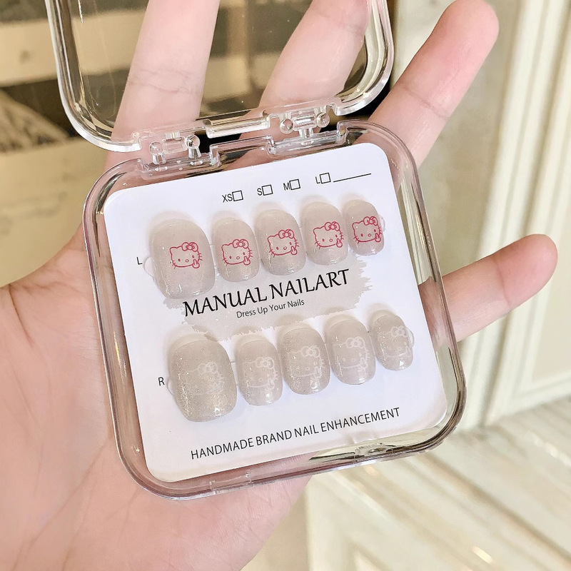 [Original Real shot] handmade wear nail online celebrity vertical middle finger Hello Kitty nail patch finished product cute flash