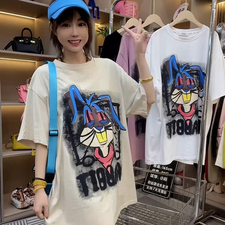 Gran tamaño gordo mm210 jin dibujos animados impresión conejo camiseta de manga corta mujer algodón cuello redondo diseño suelto sensación de nicho de moda