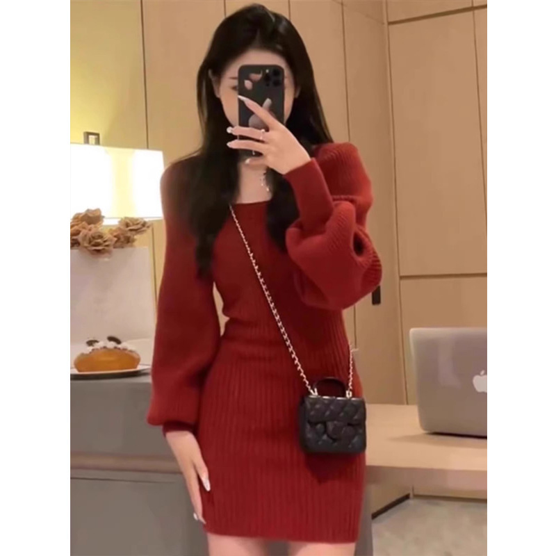 Autumn and Winter Women's Clothing Chanel Style French Beautiful New Year's Gown Christmas Little Red Knitted Sweater dress Autumn and Winter Women's Clothing Chanel Style French Beautiful New Year's Gown Christmas Little Red Knitted Sweater dress