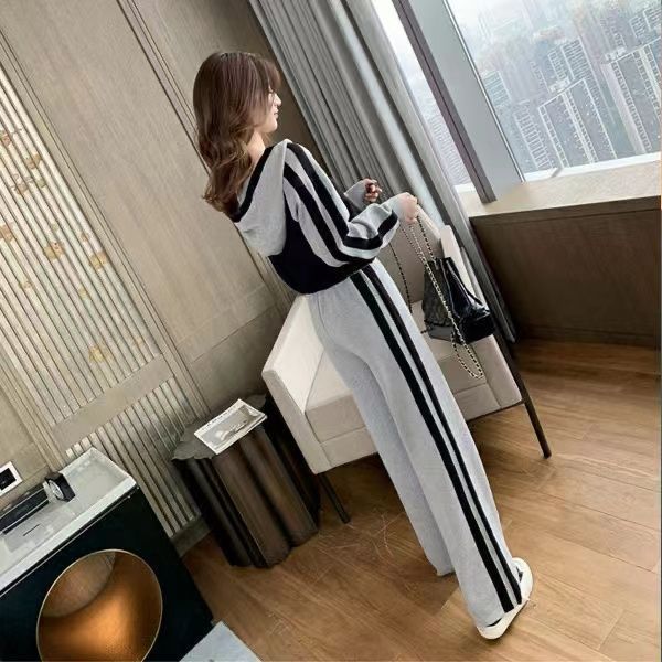 Casual Suit Women's Autumn New Sweatshirt Fashionable Age-Reducing Sports Casual Striped Hooded Top Wide-Leg Pants Two-Piece Set
