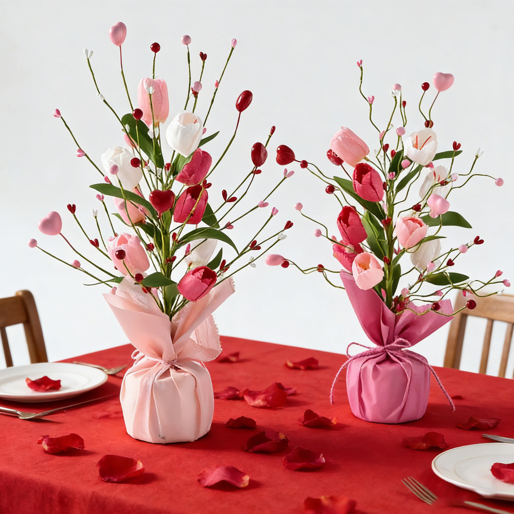 Día de San Valentín simulación de tulipanes amor adornos de bayas mesa de comedor decoración del hogar atmósfera festiva venta caliente transfronteriza