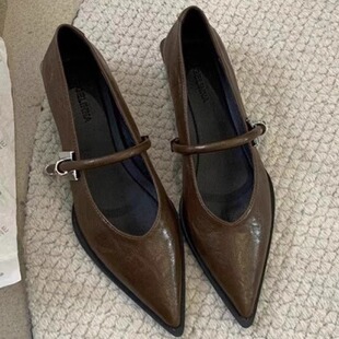Low-Heeled Shoes, Small Fragrant Pointed-Toe Flats for Women, 2025 Spring New Mary Jane Shoes, Women's Thick-Heeled Work Shoes, Small Leather Shoes