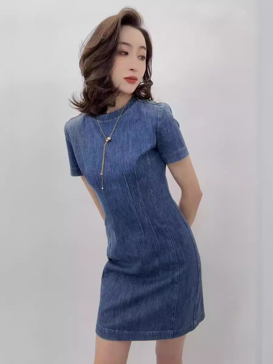Váy liền denim tay ngắn cổ tròn ôm sát màu trơn — Màu xanh lam