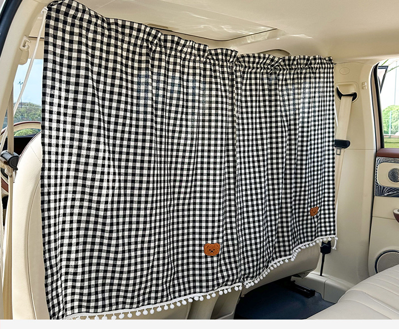 Plaid Bear Car Partition Curtain Telescopic Sun Protection and Heat Insulation Car Sunshade Hanging Interior Privacy Curtain