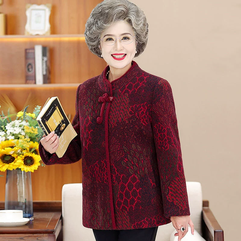 2024 осень и зима новая бабушка шерстяная шерстяная куртка темпераментная старушка толстый топ пожилая мама Тан платье женщина
